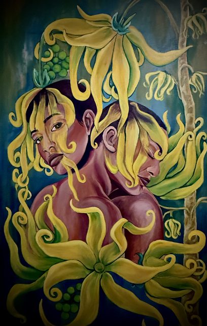 Two figures with brown skin are entwined with large yellow-green flowers and leaves; petals drape over their heads, blending human and botanical forms against a teal background.