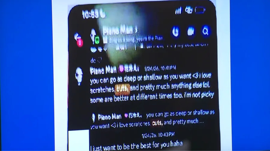 Messages between a Pennsylvania man accused of traveling to meet a California teen for sex and a young female victim presented at a press conference on Feb. 23, 2026. (KTLA)