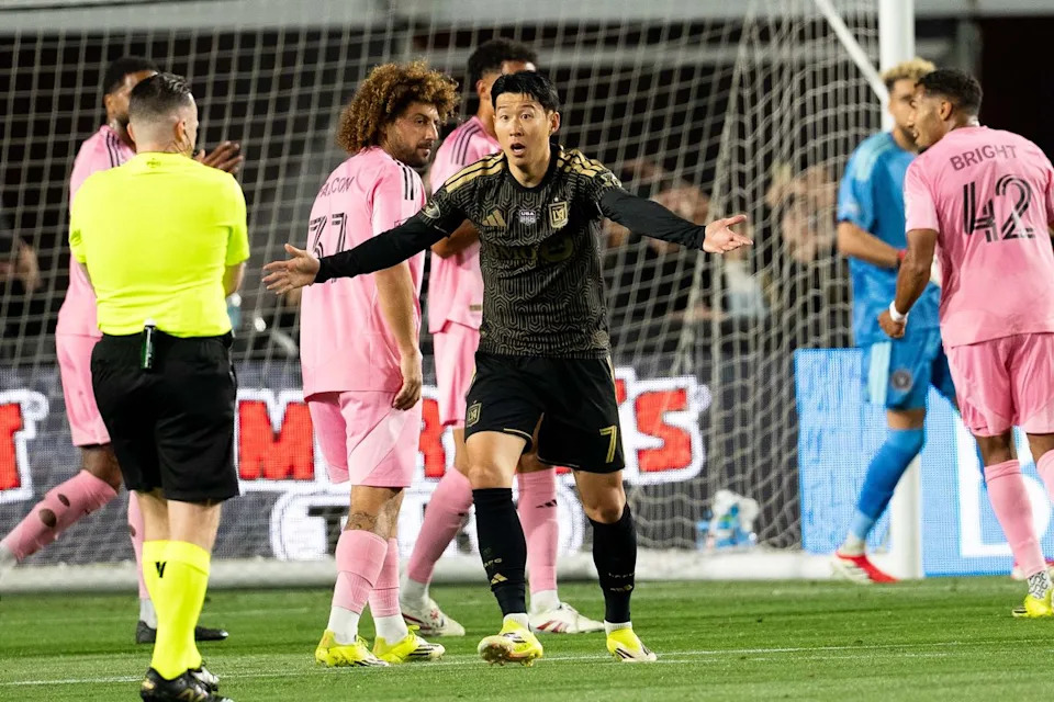 LAFC forward Heung-Min Son (7) upset about a call during an MLS soccer game against Inter Miami CF, Saturday February 21st, 2026 in Los Angeles, California.