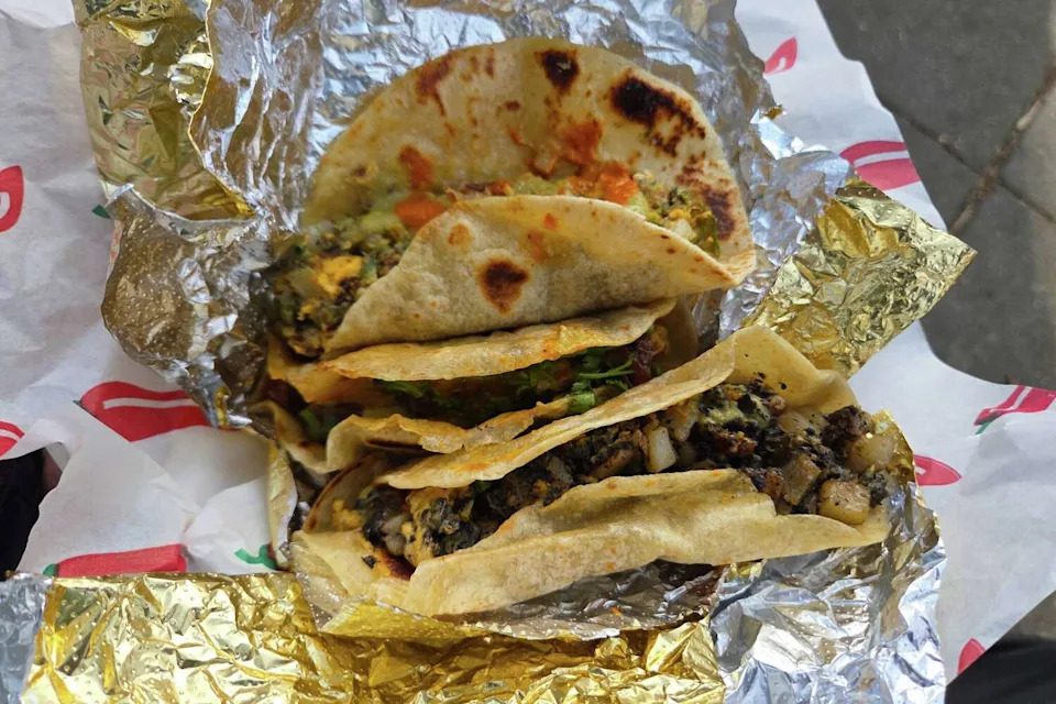 Breakfast tacos from popup Gold Star Tacos, found at the Grand Lake Farmers Market in Oakland. (Cesar Hernandez/S.F. Chronicle)