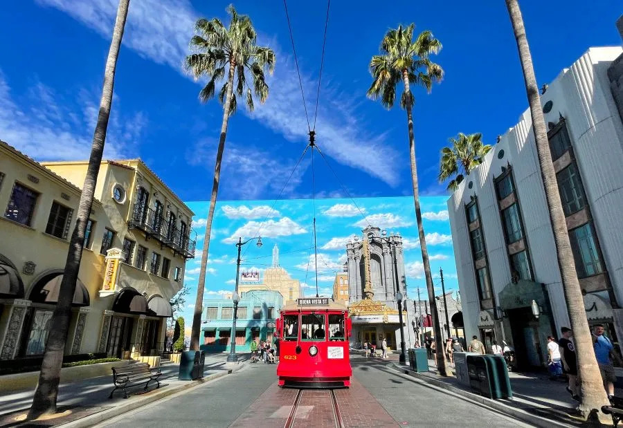 Anaheim, CA – August 10: The Red Car Trolley travels down Buena Vista Street in Hollywood Land at Disney California Adventure in Anaheim, CA, on Wednesday, August 10, 2022. (Photo by Jeff Gritchen/MediaNews Group/Orange County Register via Getty Images)