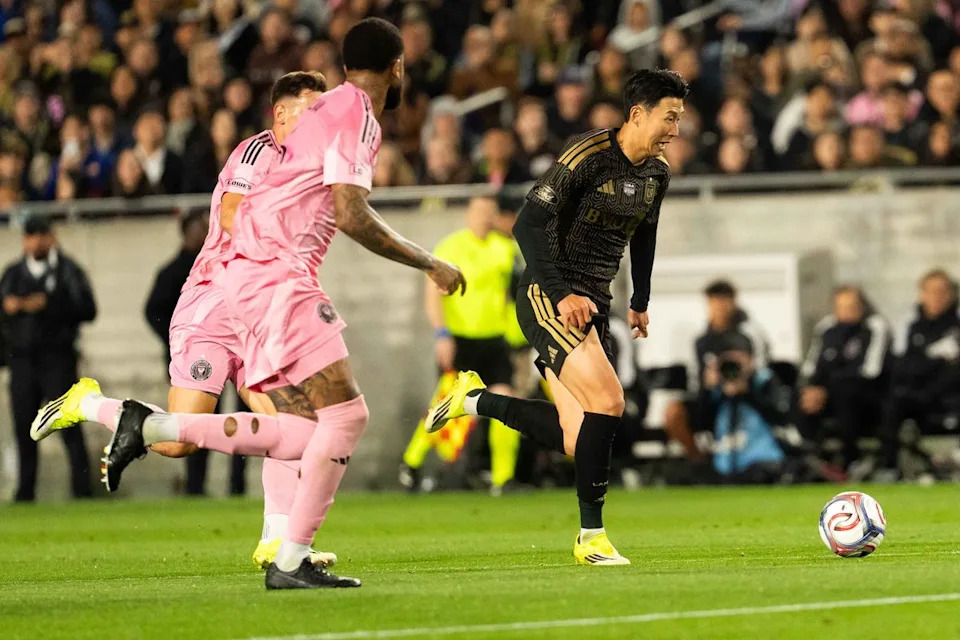 LAFC forward Heung-Min Son (7) chases down the ball during an MLS soccer game against Inter Miami CF, Saturday February 21st, 2026 in Los Angeles, California.