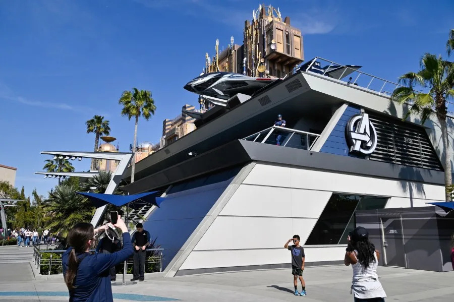 Anaheim, CA – April 05: Captain America stands atop Avengers Headquarters in Avengers Campus inside California Adventure in Anaheim, CA, in 2023. (Photo by Jeff Gritchen, Orange County Register/SCNG)
