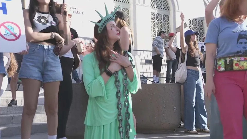 Hundreds of demonstrators gathered in downtown Los Angeles on Saturday, Jan. 31, 2026, for a second-straight day of protests against the Trump administration's immigration enforcement operations. (KTLA)