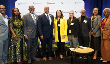 The AI and Business moderator and panelists at CAACC's 2026 Economy Summit. Shown left to right: Vic Baker, Equitify; Cathy Adams, President and CEO of the Oakland African American Chamber of Commerce; Kevin Harbour, BizFed Institute; Ahmad Holmes, CAACC President and CEO; Sarah Harris, Black Business Association; Angela Shell, California Department of General Services; Edwin Lombard, ELM Strategies; Christine Shelby, Digital Strategist, Sacramento Observer; and Patricia Watts, CAACC Chairperson. CBM photo by Antonio Ray Harvey.