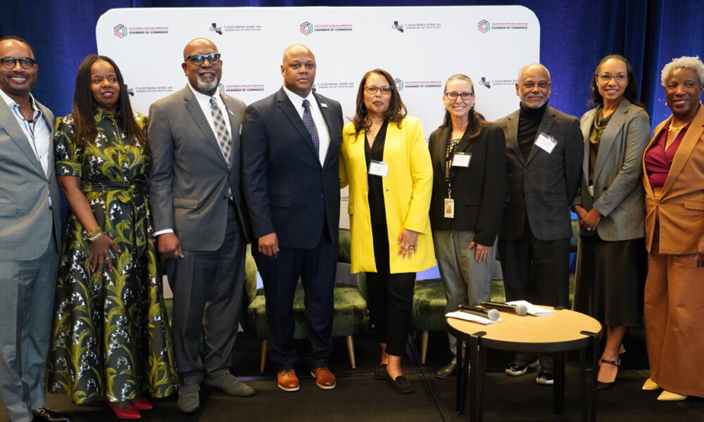 The AI and Business moderator and panelists at CAACC's 2026 Economy Summit. Shown left to right: Vic Baker, Equitify; Cathy Adams, President and CEO of the Oakland African American Chamber of Commerce; Kevin Harbour, BizFed Institute; Ahmad Holmes, CAACC President and CEO; Sarah Harris, Black Business Association; Angela Shell, California Department of General Services; Edwin Lombard, ELM Strategies; Christine Shelby, Digital Strategist, Sacramento Observer; and Patricia Watts, CAACC Chairperson. CBM photo by Antonio Ray Harvey.