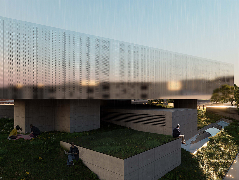 reflective metal facade wraps another side funeral home’s elevated volume in san francisco