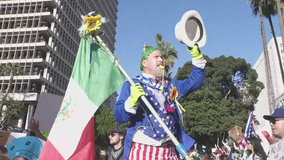 Hundreds of demonstrators gathered in downtown Los Angeles on Saturday, Jan. 31, 2026, for a second-straight day of protests against the Trump administration's immigration enforcement operations. (KTLA)