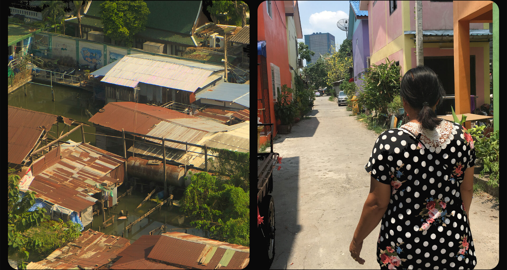 two images set side by side to show the contrast between different housing in Bangkok, Thailand. On the left is rundown housing on stilts in the water; on the right is a new upgraded neighborhood made possible by the government