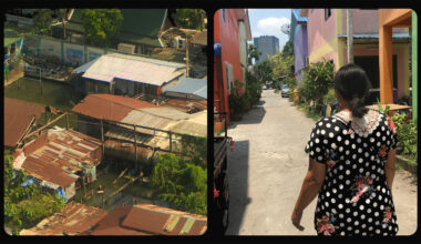 two images set side by side to show the contrast between different housing in Bangkok, Thailand. On the left is rundown housing on stilts in the water; on the right is a new upgraded neighborhood made possible by the government