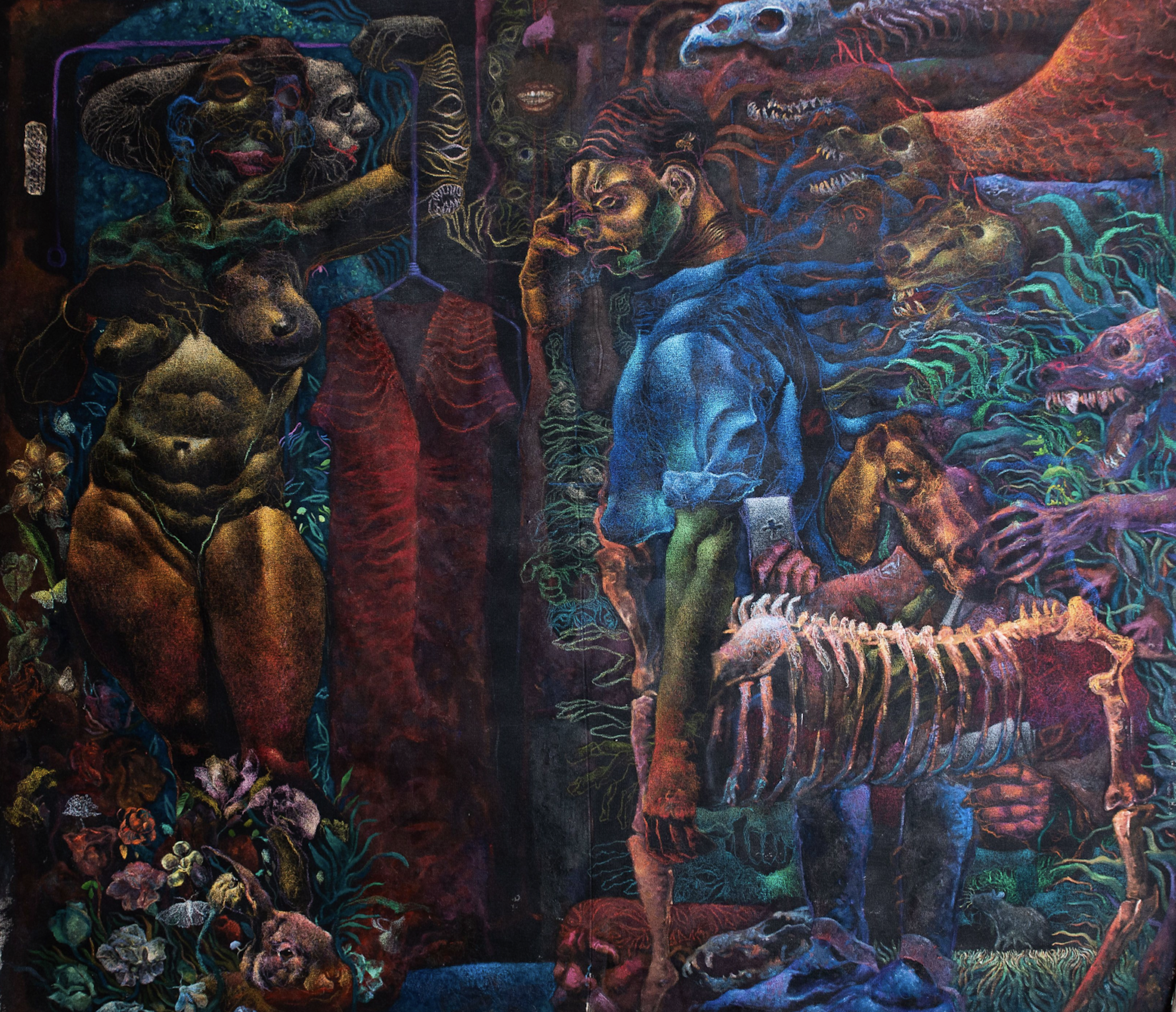 A piece of contemporary art, dark with several glowing elements depicts a distorted view of humanity, twisted and blended with animals.