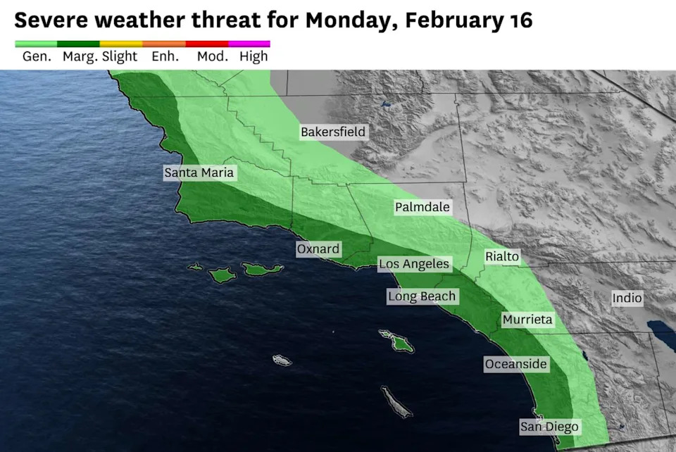 A marginal (level 1 out of 5) risk of severe thunderstorms, including tornadoes, is forecast along the Central and Southern California coast Monday. (Baron/Lynx)