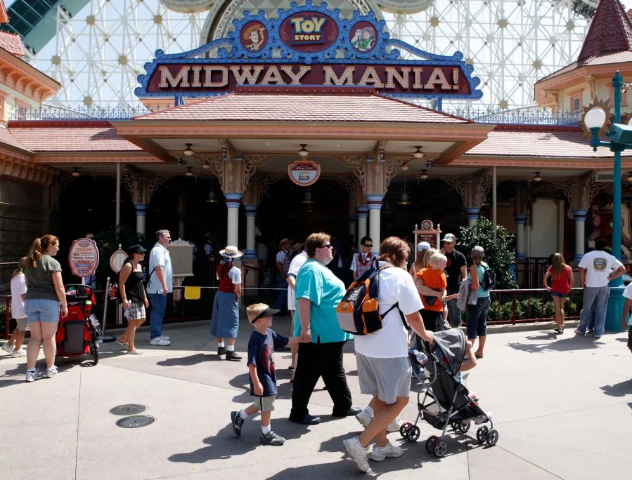 Disneyland’s latest new attraction, Toy Story Midway Mania opening in California Adventure is a treat for gamers and families. Wearing 3D glasses, riders are paired together in a twisting, swirling midway game environment where they compete for the highest score by shooting at digital screens placed throughout the attraction. (Photo by Mark Boster/Los Angeles Times via Getty Images)