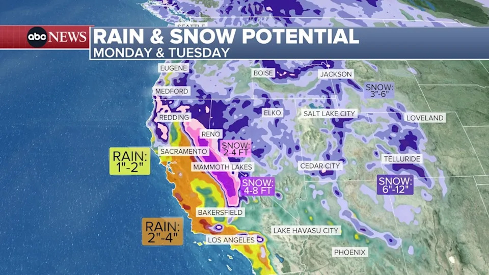 ABC News - PHOTO: Rain and snow potential on Monday and Tuesday.