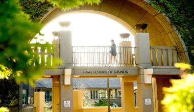 walkway on Haas campus with arch
