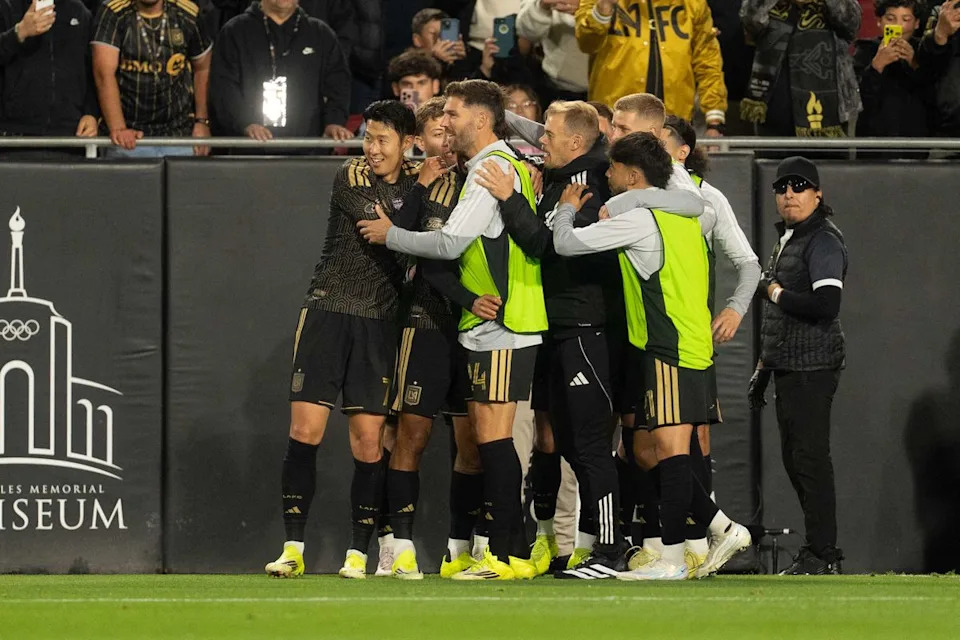 LAFC celebrates a scored goal during an MLS soccer game against Inter Miami CF, Saturday February 21st, 2026 in Los Angeles, California.