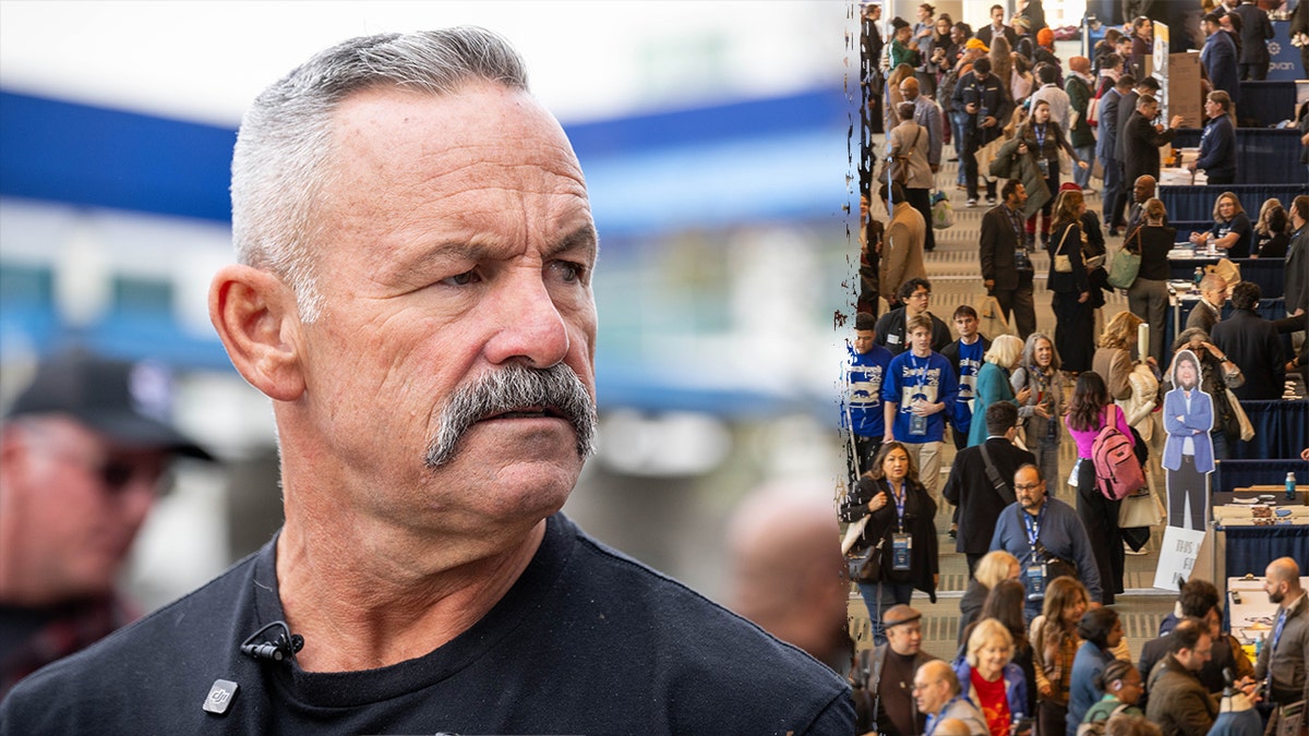 Split image of Chad Bianco and California Democrat Convention