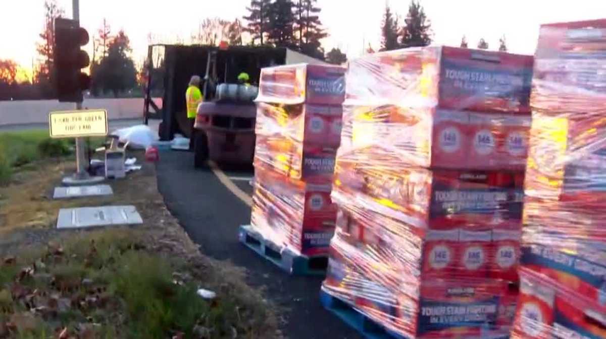 Big rig carrying overturns on Sacramento I-5 on-ramp