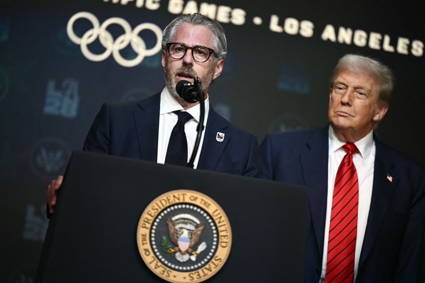 Casey Wasserman, left, and President Donald Trump during an Olympics task force events at the White House on August 5, 2025.