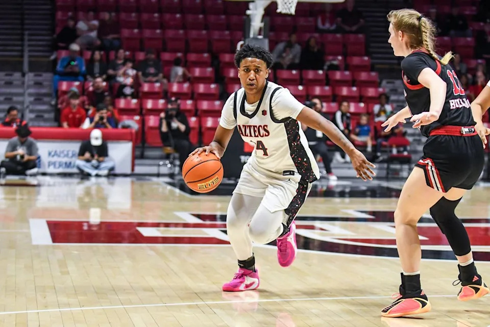 SDSU guard Nala Williams (14) dribbles the ball during an NCAA Women’s Basketball game against Fresno State Saturday February 21, 2026 in San Diego, California.