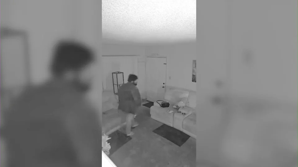 Surveillance cameras captured the male suspect lurking around an apartment complex in L.A.’s Leimert Park neighborhood before breaking into one of the units in the middle of the night on Feb. 24, 2026. (Johnson Family)