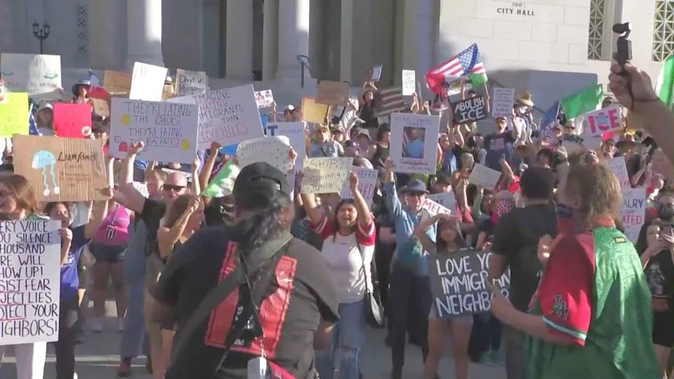 Hundreds of demonstrators gathered in downtown Los Angeles on Saturday, Jan. 31, 2026, for a second-straight day of protests against the Trump administration's immigration enforcement operations. (KTLA)
