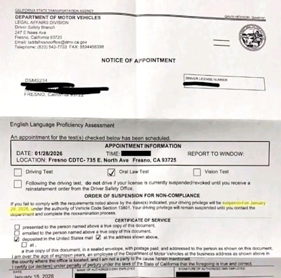 This mid-January-dated notice obtained by Overdrive was confirmed as authentic with California DMV. It shows an order to appear for a follow-up appointment at the Fresno DMV branch for a driver after an ELP violation.