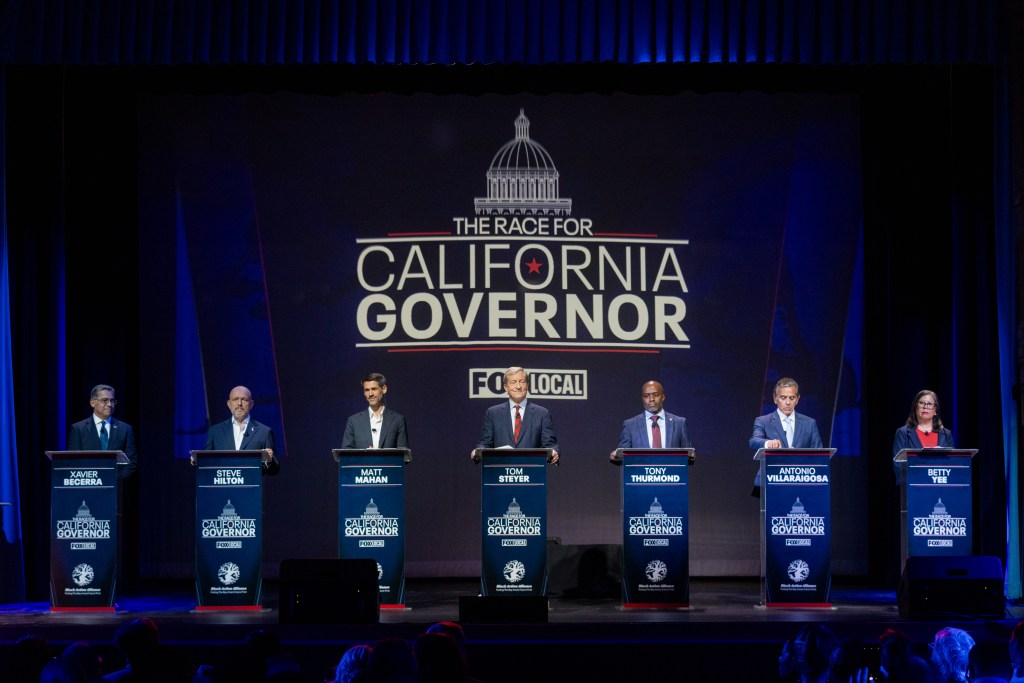 California gubernatorial candidates Xavier Becerra, Steve Hilton, Matt Mahan, Tom Steyer, Tony Thurmond, Antonio Villaraigosa, and Betty Yee at a debate in San Francisco.