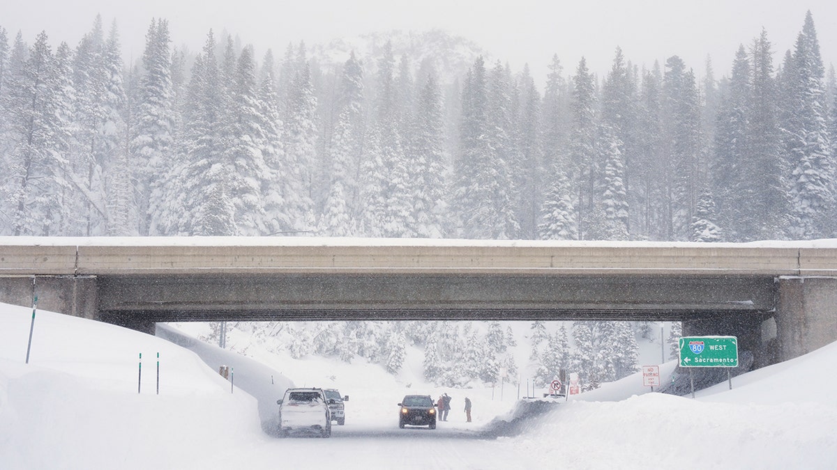 Snow covers underpass in California