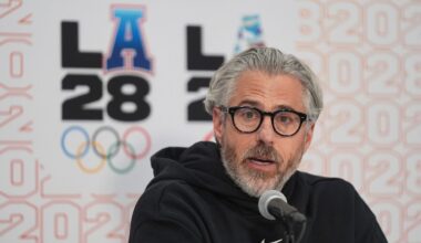 Casey Wasserman, LA28 chairperson and president, takes questions from the media during a news conference in Los Angeles on June 5, 2025. (AP Photo/Damian Dovarganes)