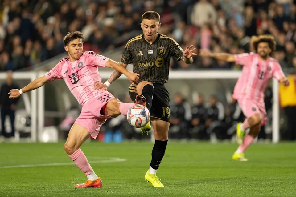 LAFC forward Tyler Boyd (19) fights for possession during an MLS soccer game against Inter Miami CF, Saturday February 21st, 2026 in Los Angeles, California.