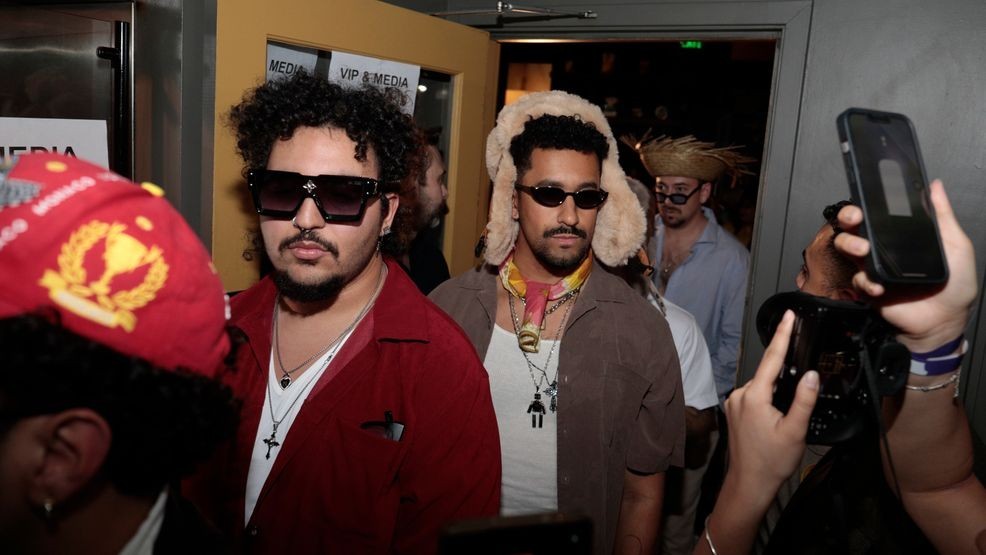 Contestants line up at the Bad Bunny look-alike contest line up at Tacolicious in San Francisco, Thursday, Feb. 5, 2026. (Giselle Garza Lerma/San Francisco Chronicle via AP)
