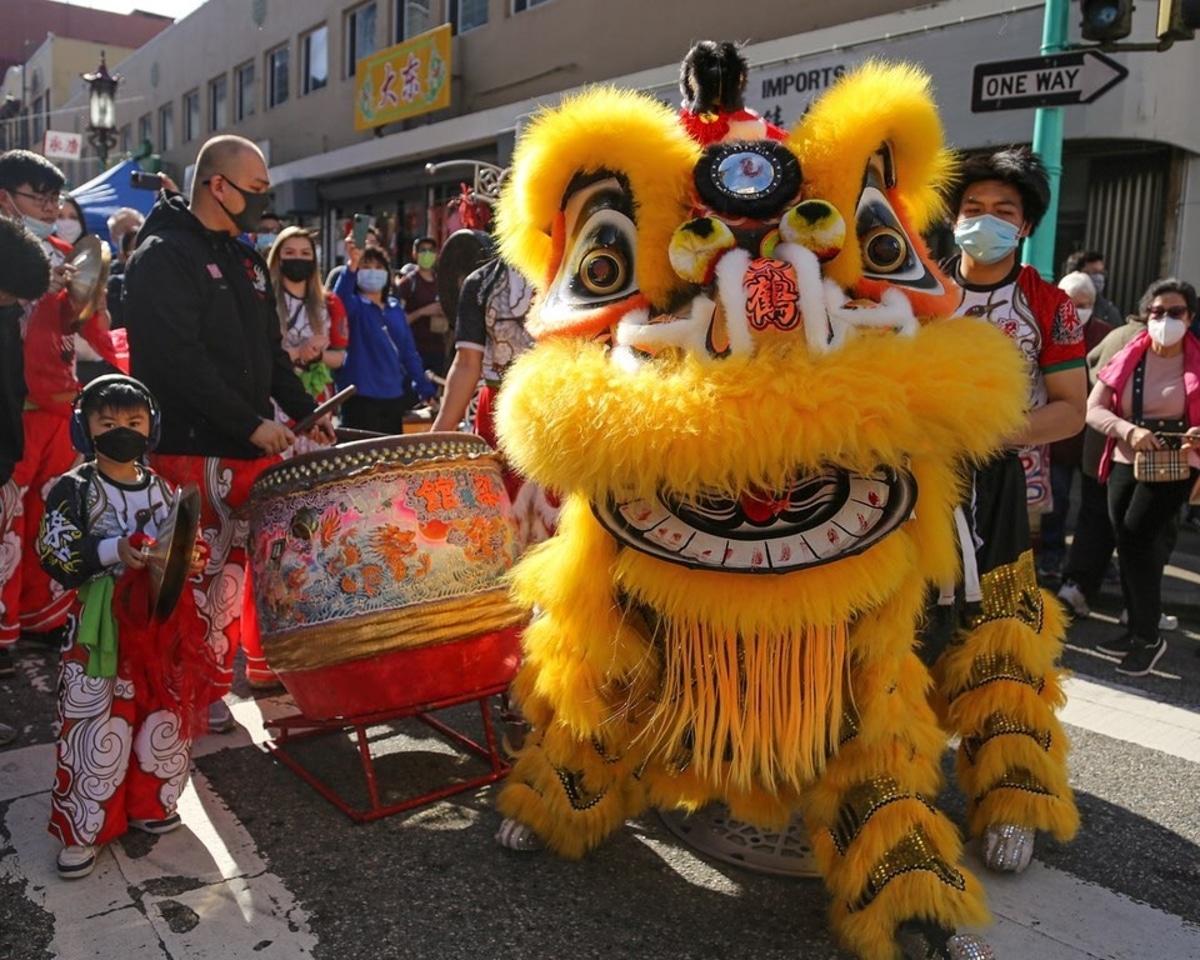 A yellow dragon costume at SF's Chinese New Year Parade.