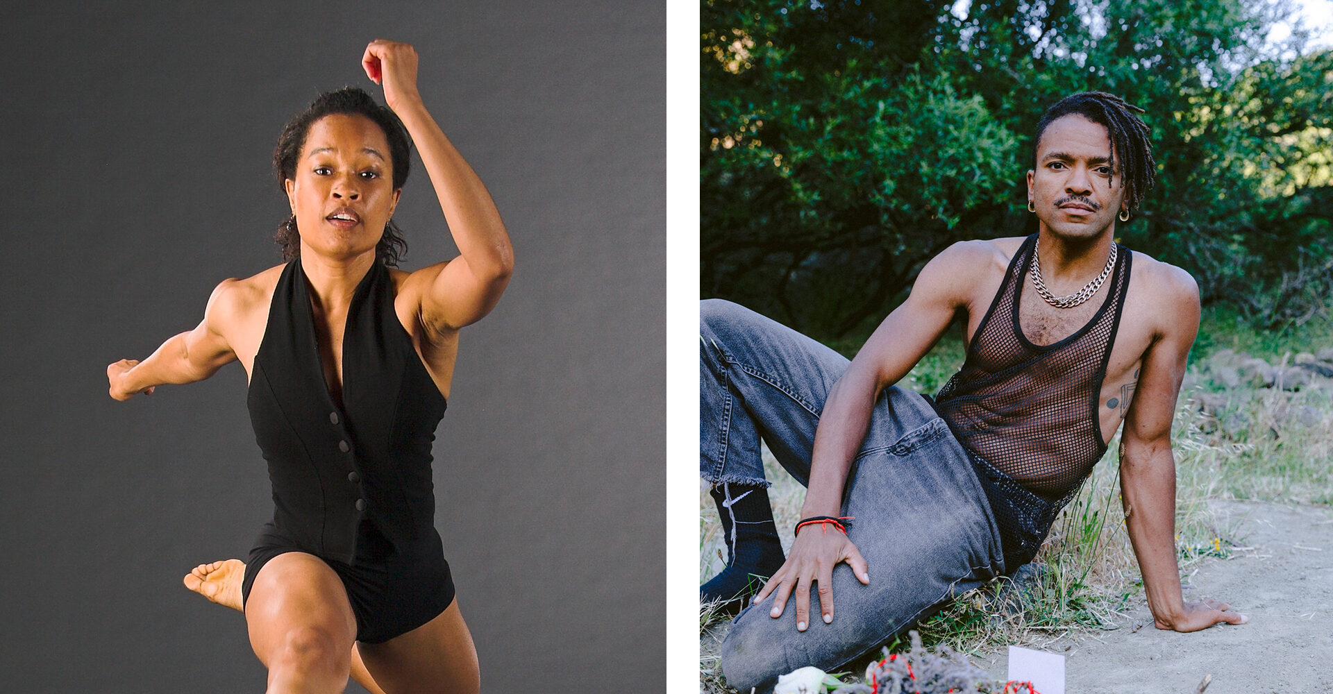 Split image: On the left, a person poses mid-movement in a sleeveless black outfit against a dark background. On the right, a person sits outdoors wearing a mesh top and jeans, surrounded by greenery.