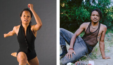 Split image: On the left, a person poses mid-movement in a sleeveless black outfit against a dark background. On the right, a person sits outdoors wearing a mesh top and jeans, surrounded by greenery.