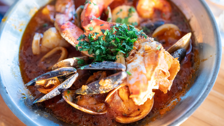 Cioppino with Dungeness crab, mussels in rich red tomato broth
