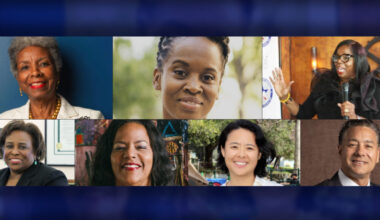 Dr. Eleanor Ramsey (top, left) founder, and CEO of Mason Tillman Associates, which conducted the study revealing contract disparities, was invited by District 3 Councilmember Carroll Fife (top center) to a Council committee meeting attended by Oakland entrepreneur Cathy Adams (top right) and (bottom row, left to right) Brenda Harbin-Forte, Carol Wyatt, and councilmembers Charlene Wang and Ken Houston. Courtesy photos.