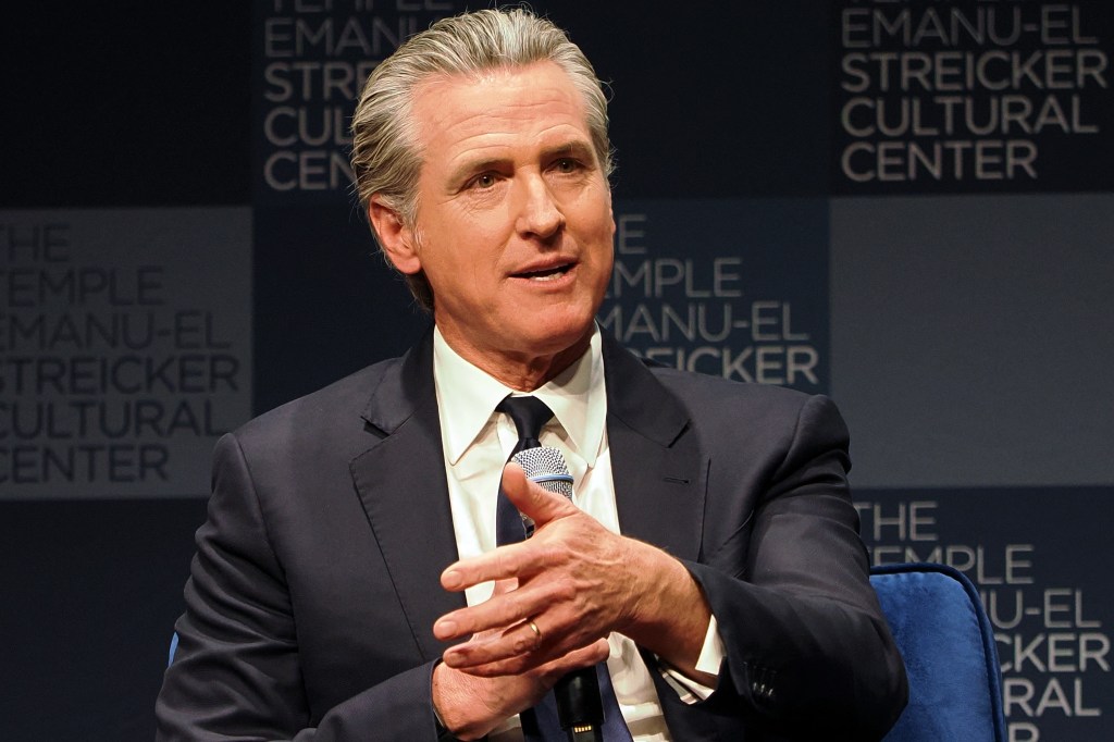 California Governor Gavin Newsom speaking at a book discussion event.