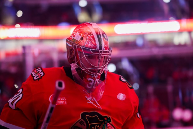 Chicago Blackhawks goaltender Spencer Knight (30) walks to the ice for warm-ups before the first period against the San Jose Sharks at the United Center Monday Feb. 2, 2026 in Chicago. (Armando L. Sanchez/Chicago Tribune)