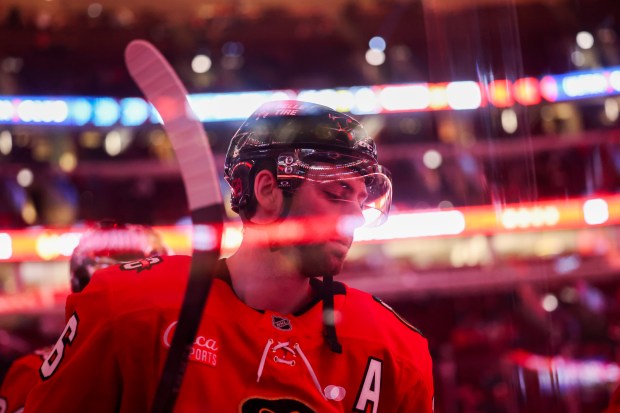 Chicago Blackhawks center Jason Dickinson (16) walks to the ice for warm-ups before the first period against the San Jose Sharks at the United Center Monday Feb. 2, 2026 in Chicago. (Armando L. Sanchez/Chicago Tribune)