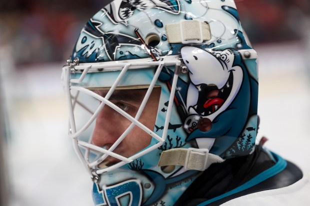San Jose Sharks goaltender Alex Nedeljkovic (33) skates on the ice during warm-ups before the first period against the Chicago Blackhawks at the United Center Monday Feb. 2, 2026 in Chicago. (Armando L. Sanchez/Chicago Tribune)