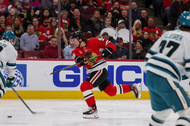 Chicago Blackhawks center Connor Bedard (98) takes a shot during the first period against the San Jose Sharks at the United Center Monday Feb. 2, 2026 in Chicago. (Armando L. Sanchez/Chicago Tribune)