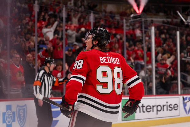 Chicago Blackhawks center Connor Bedard (98) celebrates after scoring a goal past San Jose Sharks goaltender Yaroslav Askarov (30) during the first period at the United Center Monday Feb. 2, 2026 in Chicago. (Armando L. Sanchez/Chicago Tribune)