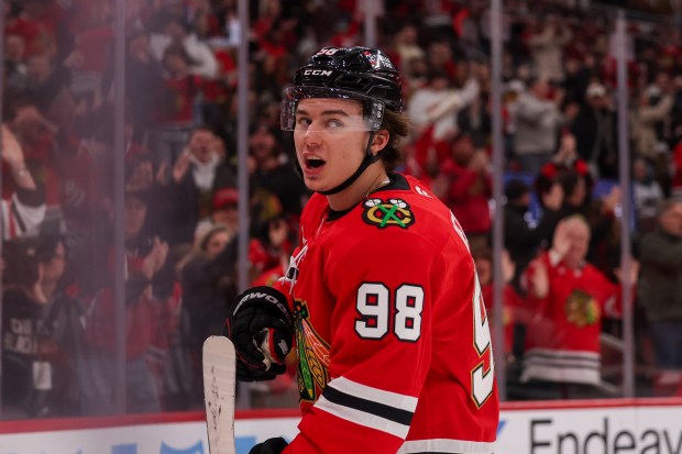 Chicago Blackhawks center Connor Bedard (98) celebrates after scoring a goal past San Jose Sharks goaltender Yaroslav Askarov (30) during the first period at the United Center Monday Feb. 2, 2026 in Chicago. (Armando L. Sanchez/Chicago Tribune)