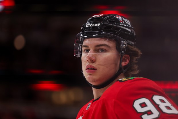 Chicago Blackhawks center Connor Bedard (98) stands on the ice during the first period against the San Jose Sharks at the United Center Monday Feb. 2, 2026 in Chicago. (Armando L. Sanchez/Chicago Tribune)