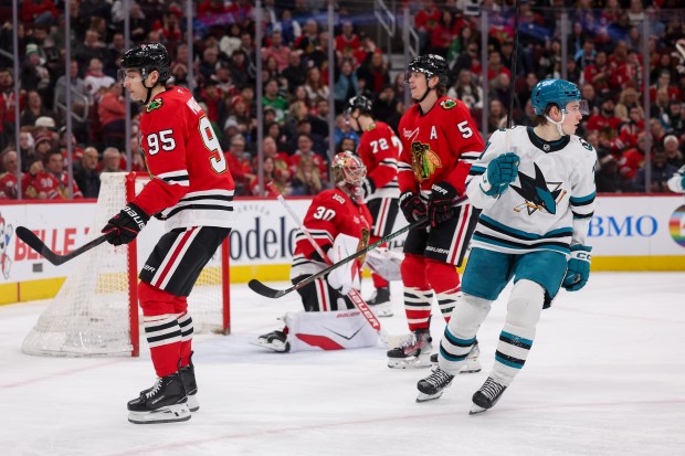 San Jose Sharks center Macklin Celebrini (71) celebrates after scoring a goal during the second period against the Chicago Blackhawks at the United Center Monday Feb. 2, 2026 in Chicago. (Armando L. Sanchez/Chicago Tribune)