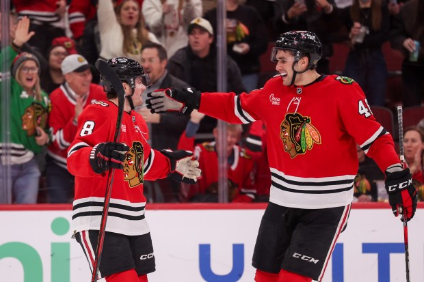 Chicago Blackhawks center Ryan Donato (8) celebrates with Chicago Blackhawks defenseman Louis Crevier (46) after scoring a goal during the third period against the San Jose Sharks at the United Center Monday Feb. 2, 2026 in Chicago. (Armando L. Sanchez/Chicago Tribune)