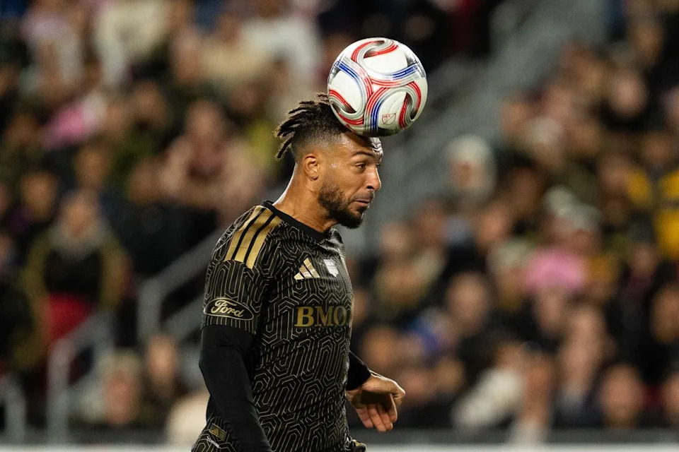LAFC forward Dennis Bouanga (99) takes a header during an MLS soccer game against Inter Miami CF, Saturday February 21st, 2026 in Los Angeles, California.