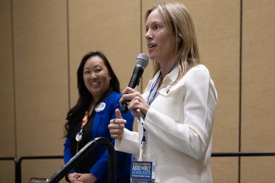 Sacramento City Councilmember Caity Maple endorses Mai Vang during a debate between Vang and U.S. Rep. Doris Matsui on Saturday at the California Democratic Party state convention in San Francisco.
