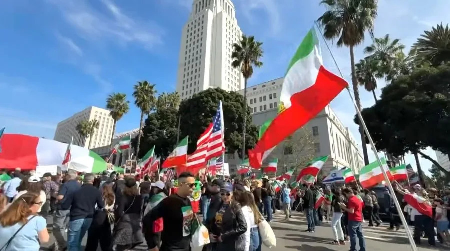 A large crowd of demonstrators gathered in downtown Los Angeles Saturday to voice their opposition to the regime in Iran and to support the Iranian people's fight for freedom on Feb. 14, 2026. (KTLA)